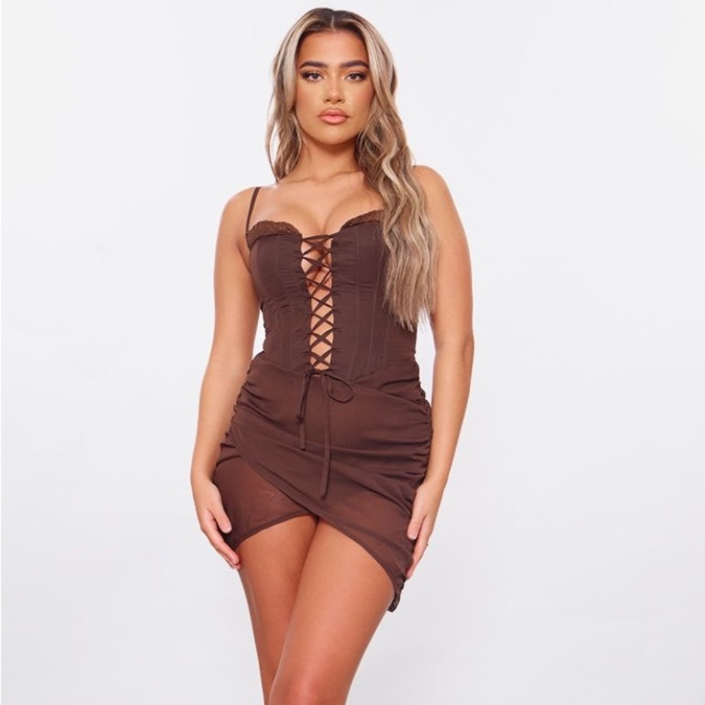 PLT Chocolate Chiffon Draped Lace Up Mini Dress
